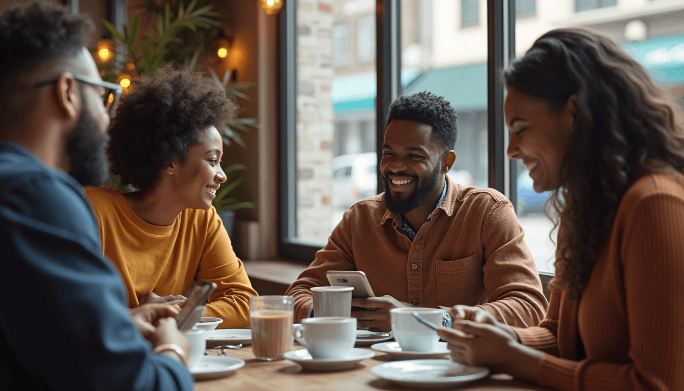 Young people engaging on social media in café