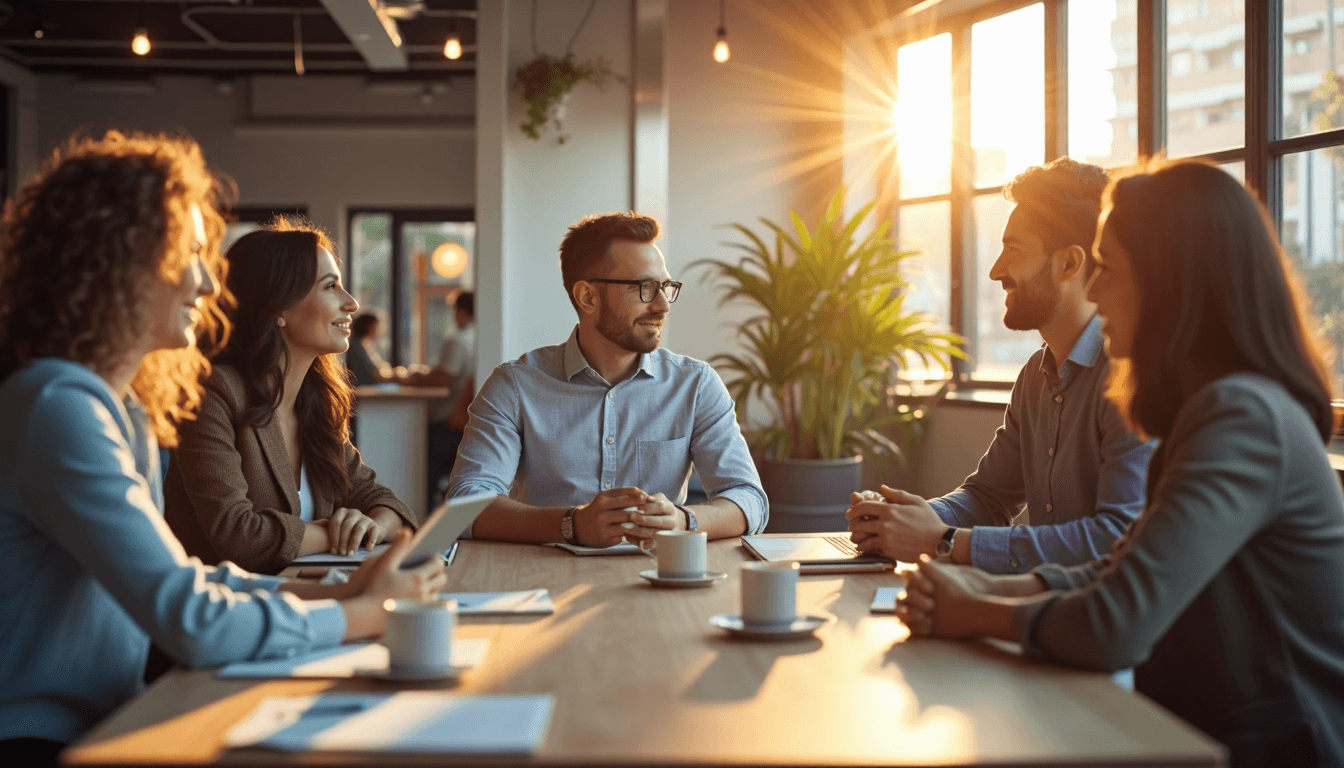 Team collaborating in bright modern office