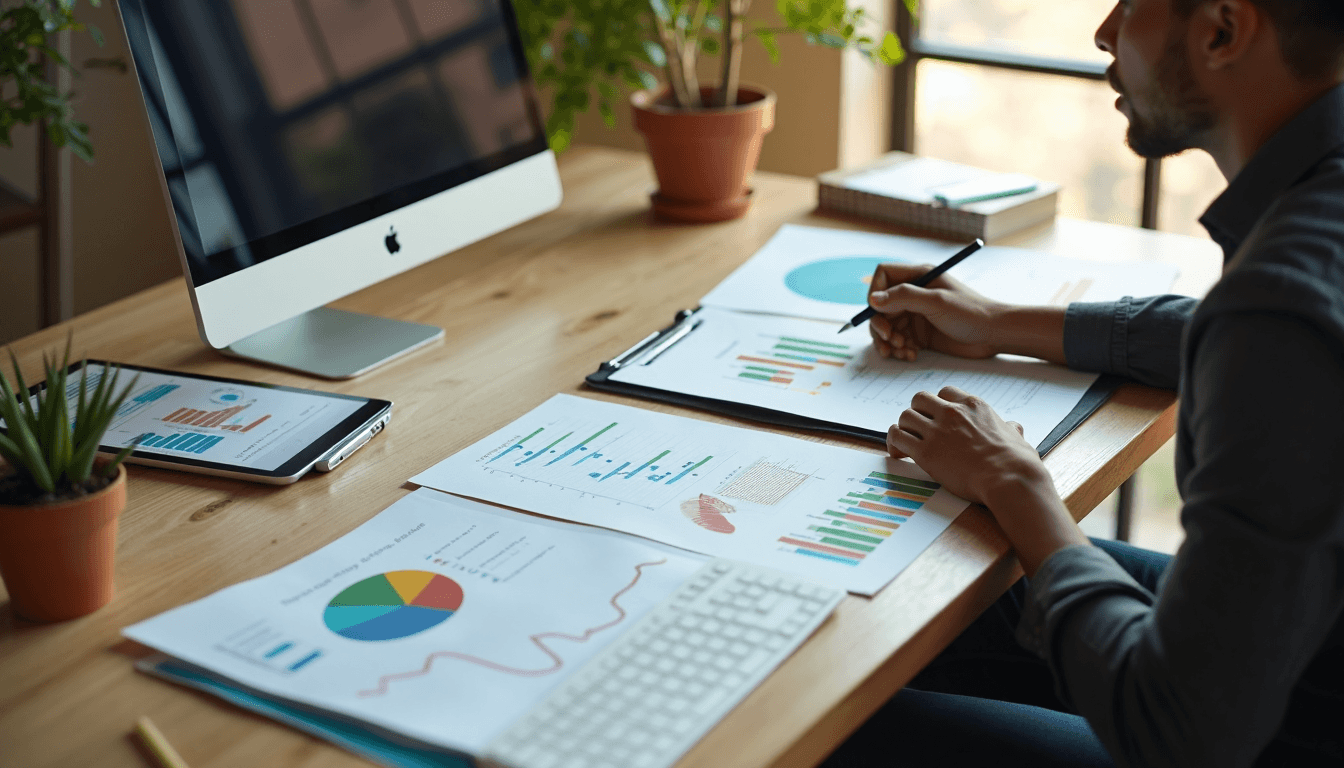 Business owner reviewing marketing budgets at desk