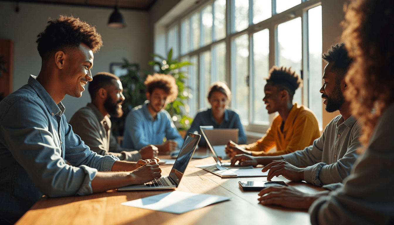 Coworking team meeting in sunlit office