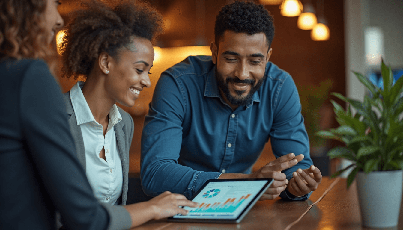 Professionals analyzing data on digital tablet together