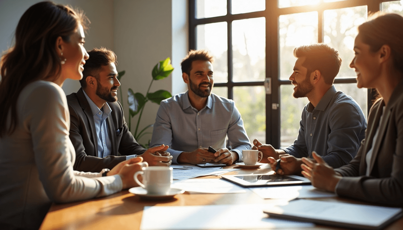 Small business team meeting in sunlit office