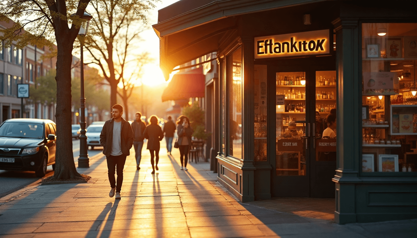 Welcoming local business storefront in golden light