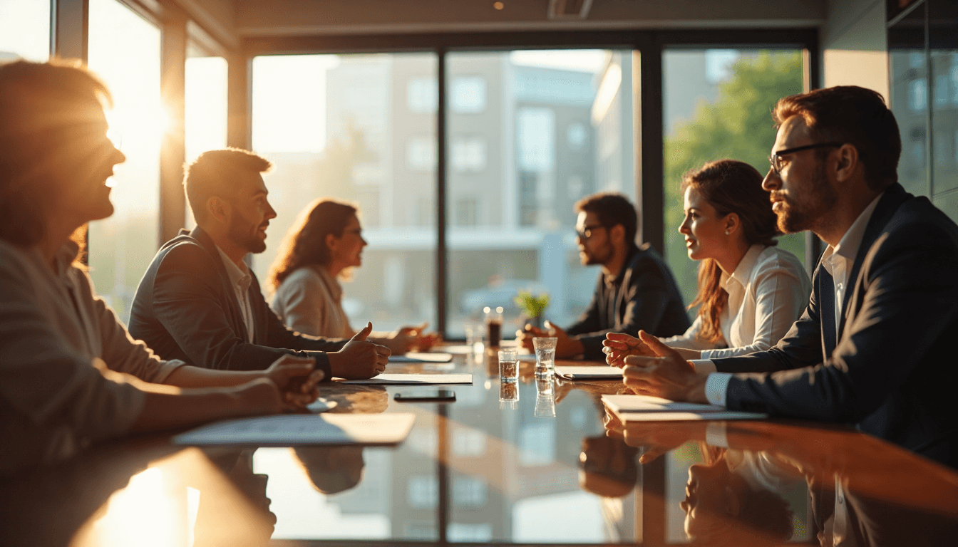 Business team collaborating in bright modern office