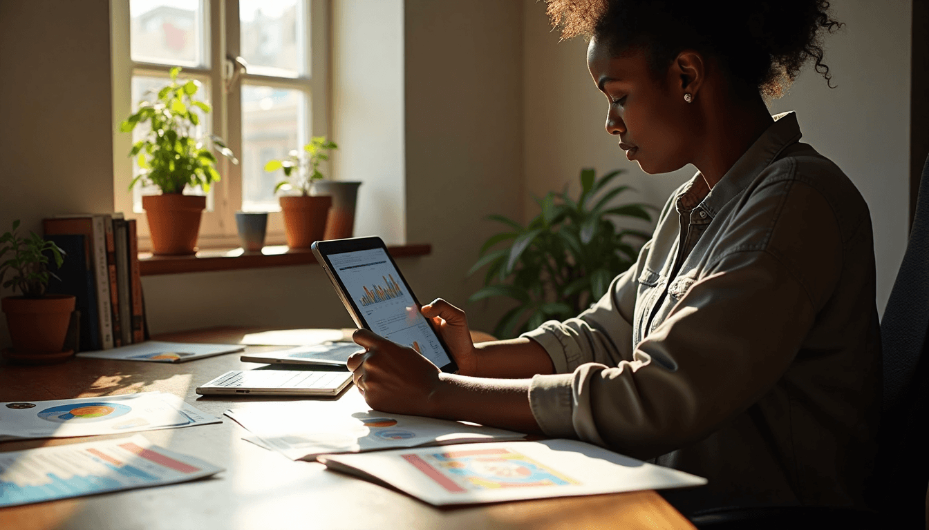 Entrepreneur reviewing digital strategy at sunlit desk