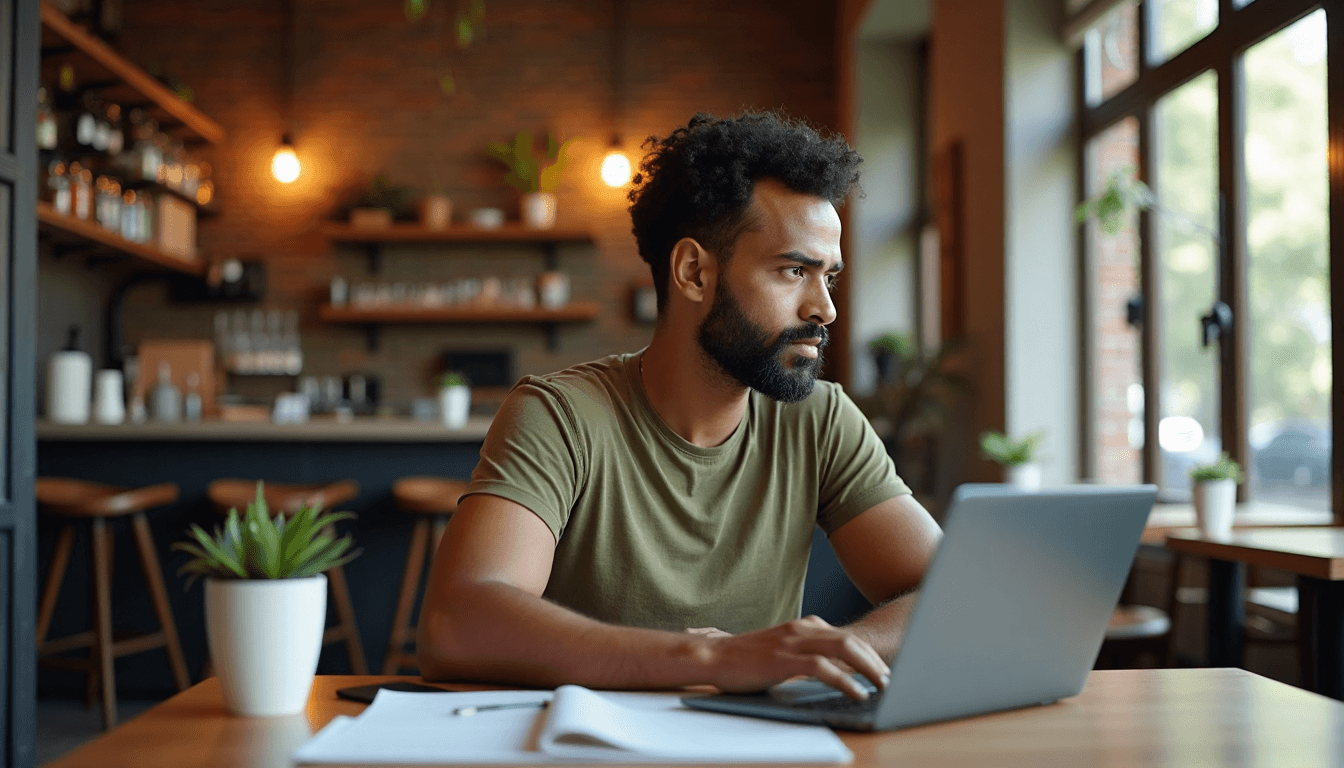 Business owner planning local marketing strategies in café