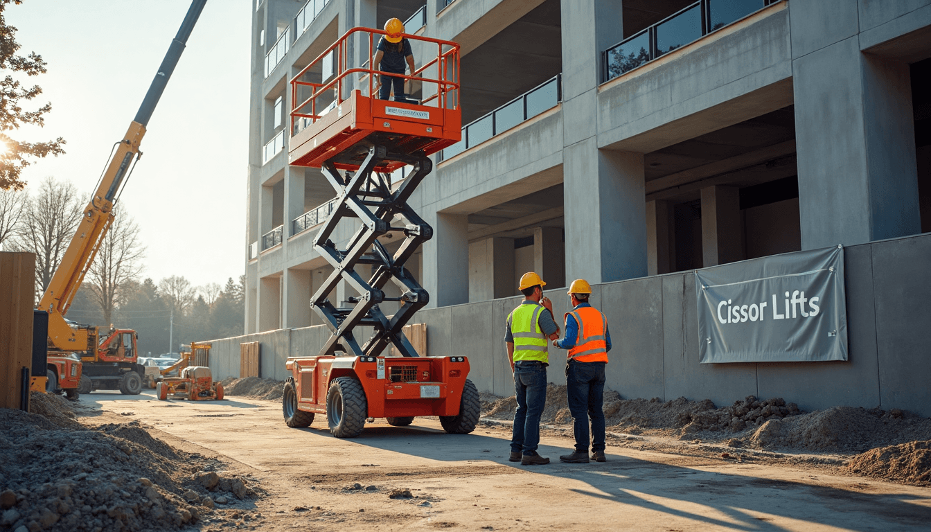 Workers using scissor lift on construction high-rise site