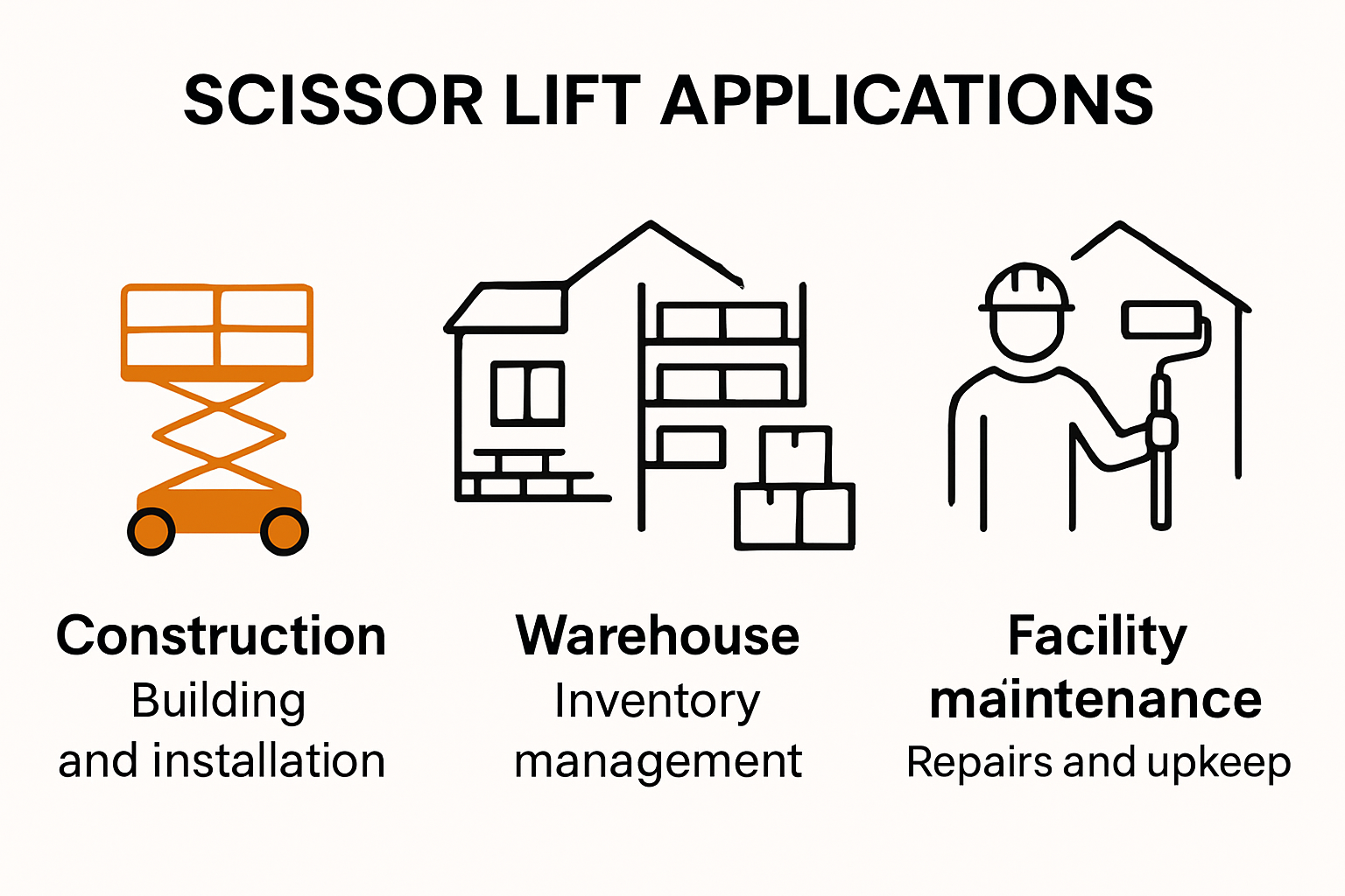 Scissor lift applications overview infographic with industries and uses