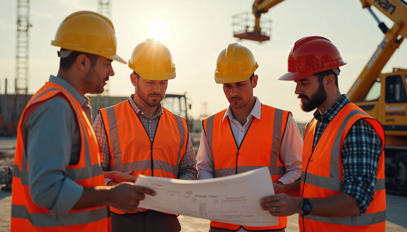 Construction team with cherry picker and boom lift collaborating on site