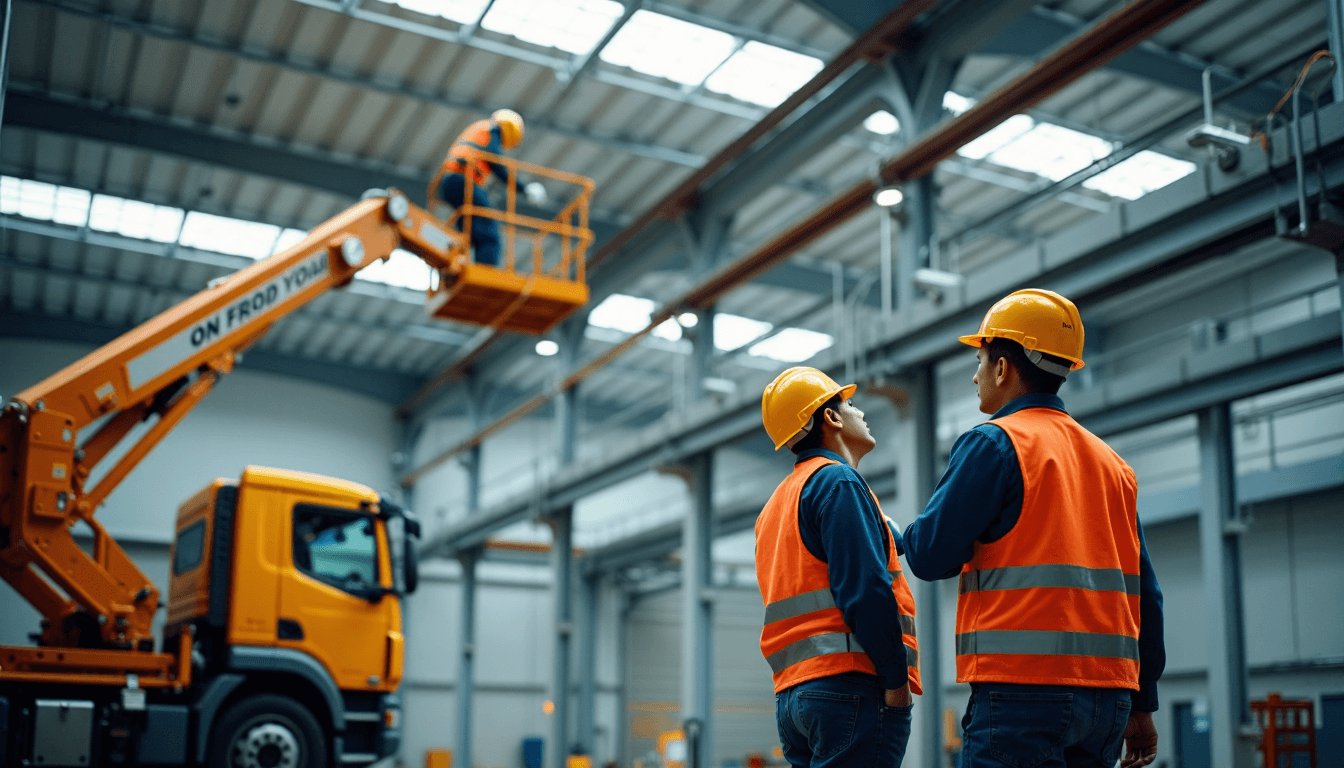 Boom lift and cherry picker in warehouse during maintenance