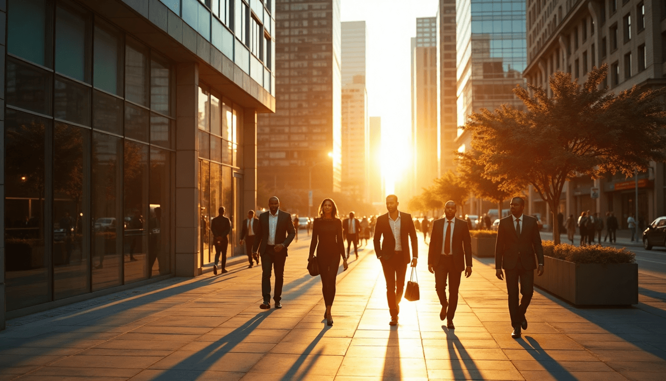 Sunrise in South African business district with professionals