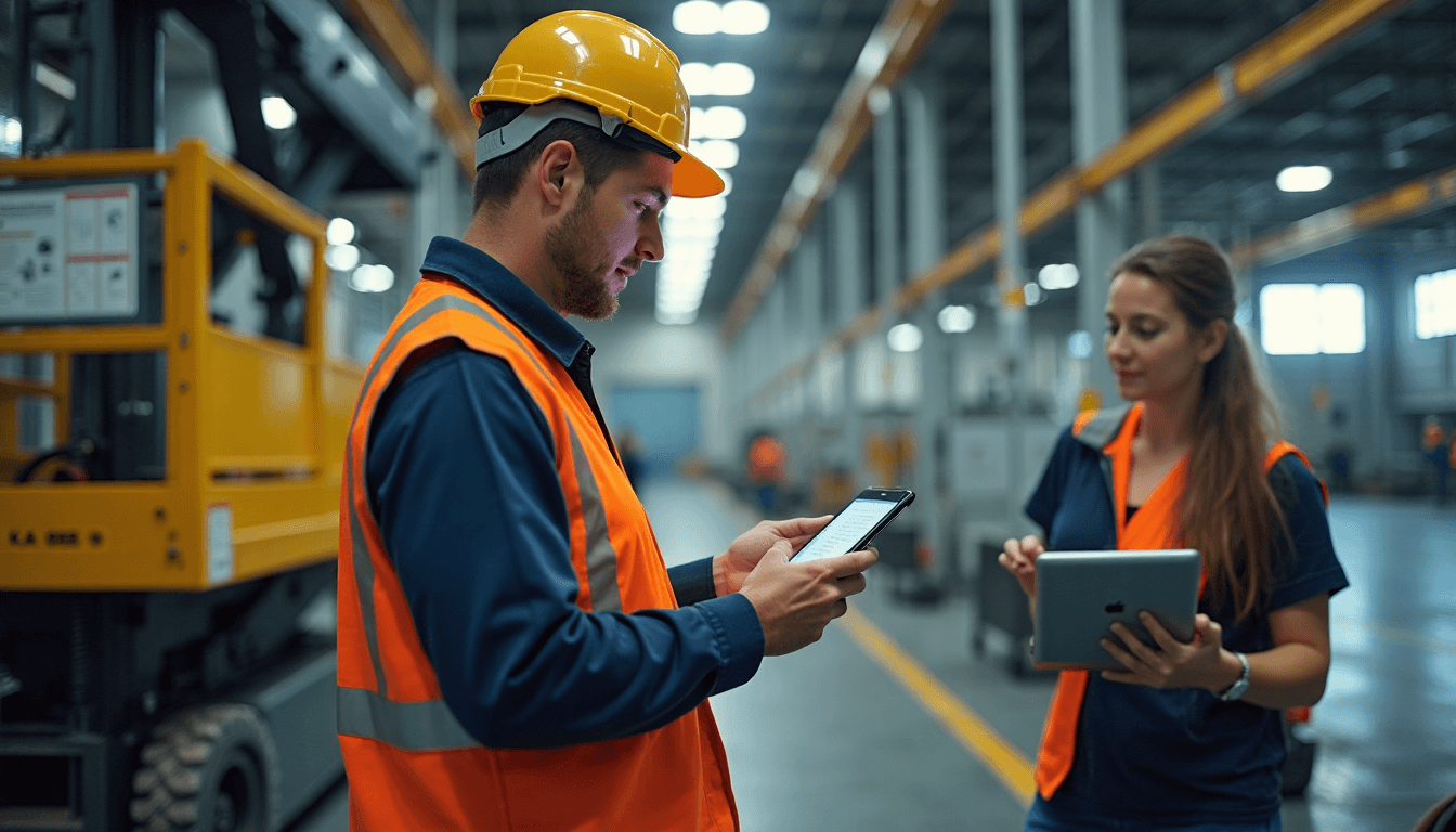 Operator checks scissor lift safety controls inside warehouse