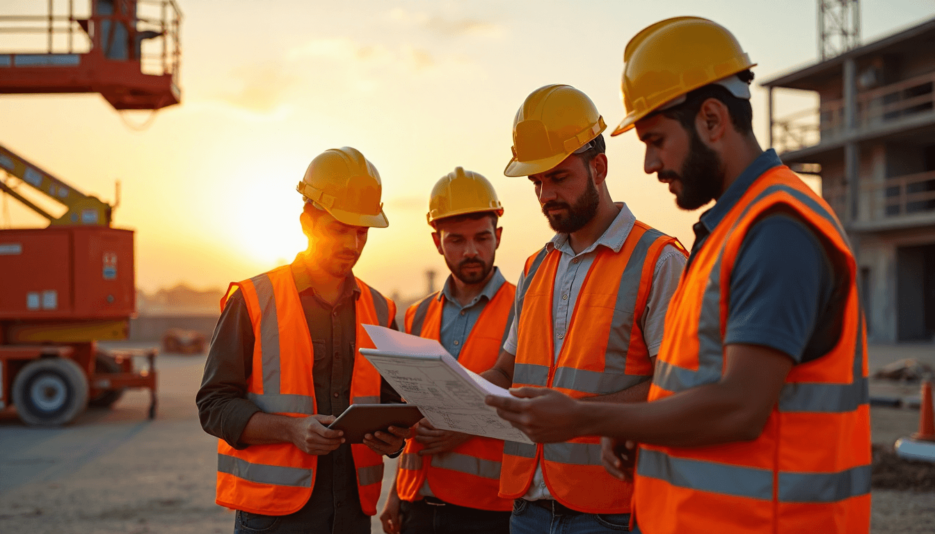 Construction team inspects mobile elevating work platform in sunlight