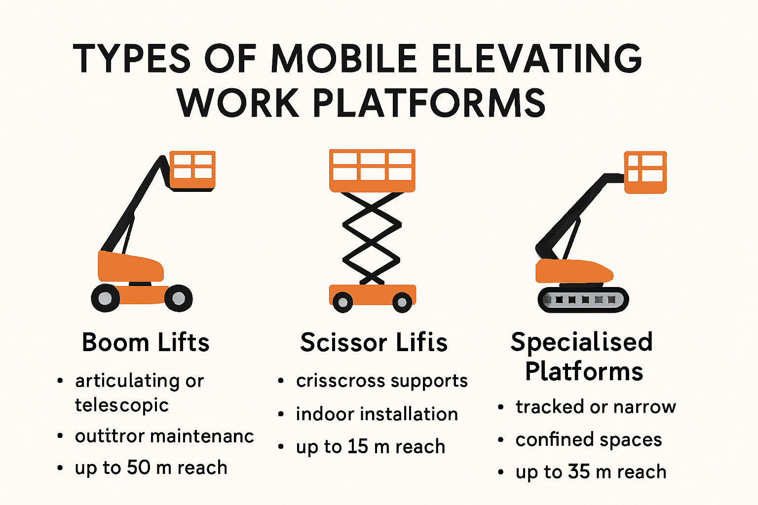 Infographic comparing mobile elevating work platform types and uses