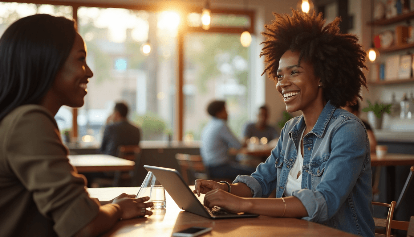 Business owner engaging with customer at sunny cafe table