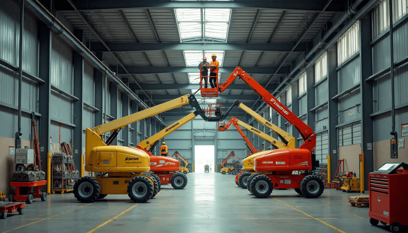 Workers using articulating and telescopic boom lifts indoors