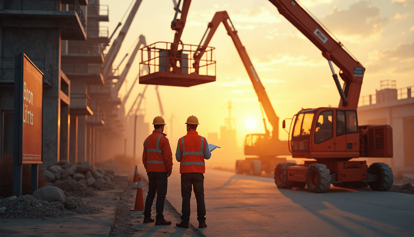 Workers operating boom lifts at a sunlit construction site