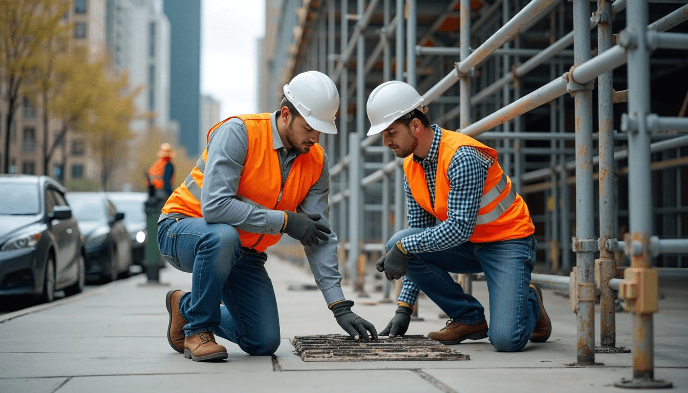 Workers assembling scaffolding and access mats for stable work platform