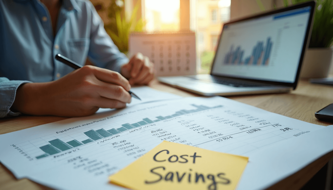Financial manager analyzing project budget for rental vs owned equipment showing cost savings