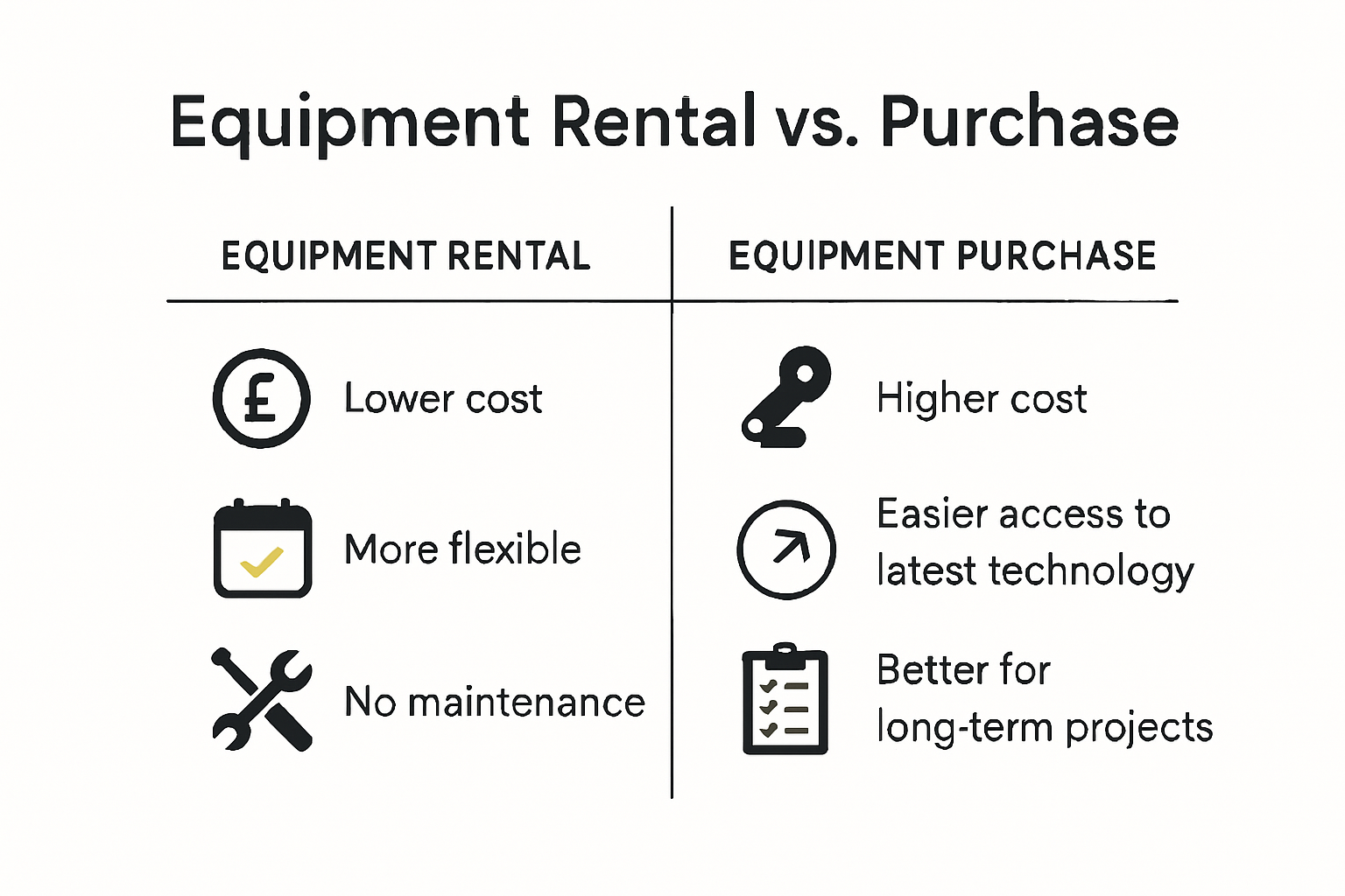 Comparison infographic: equipment rental vs purchase key differences