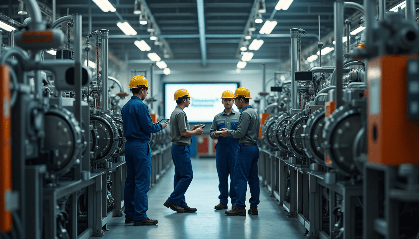 Industrial maintenance facility with experts inspecting machinery and digital equipment