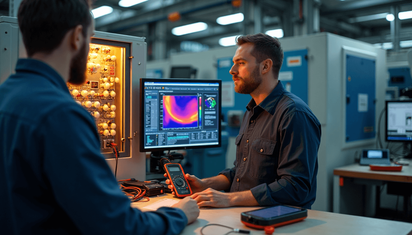 Technicians using diagnostic measurement tools in an active industrial workshop