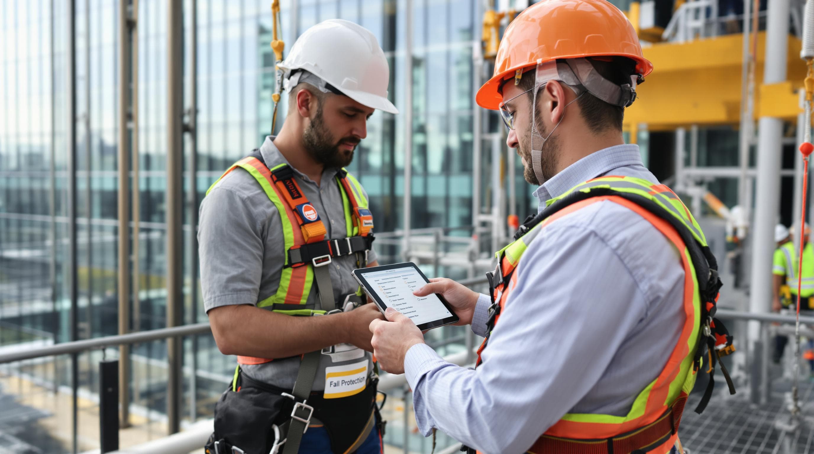 Workers inspect fall protection harness on platform, safety label visible