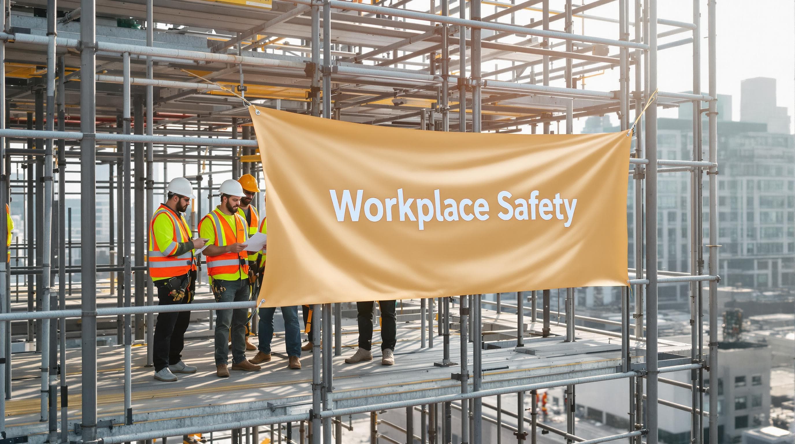 Construction crew checks safety gear atop scaffold, safety banner visible