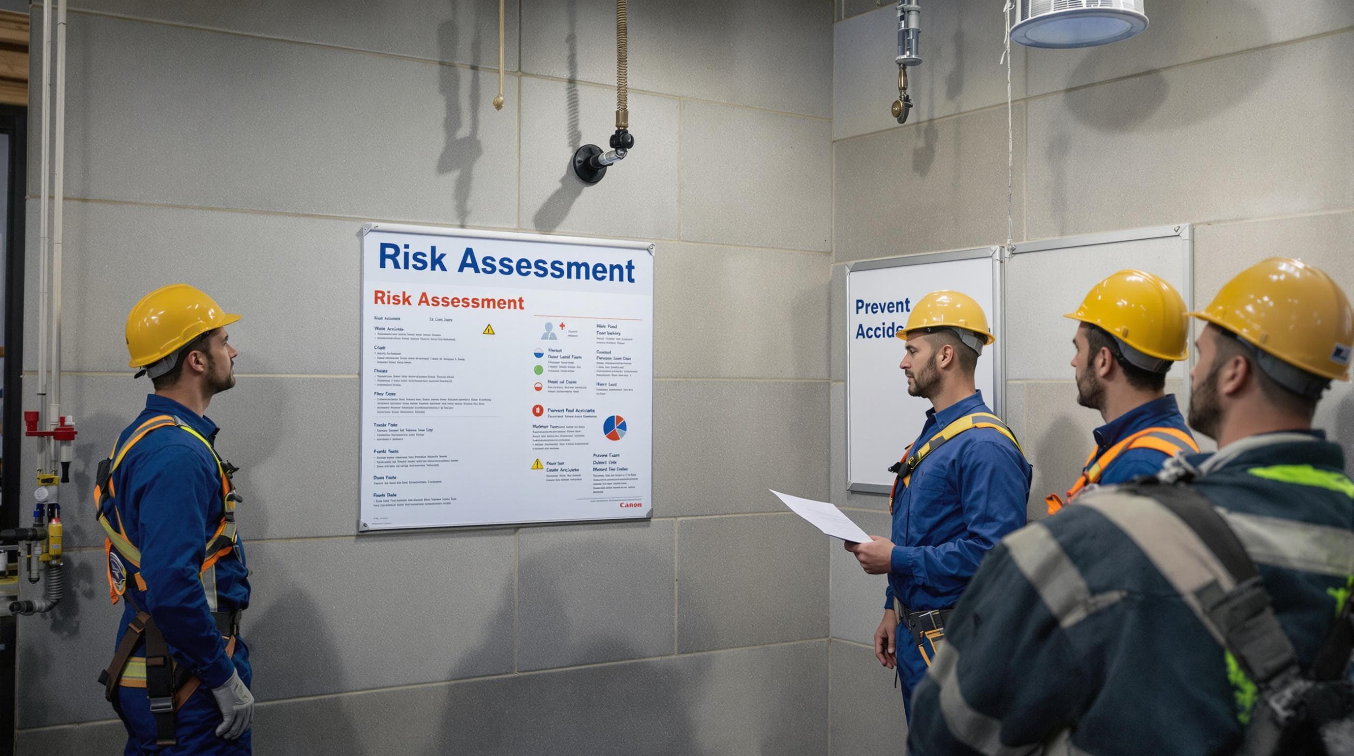 Workers in harnesses learning risk assessment at safety training session