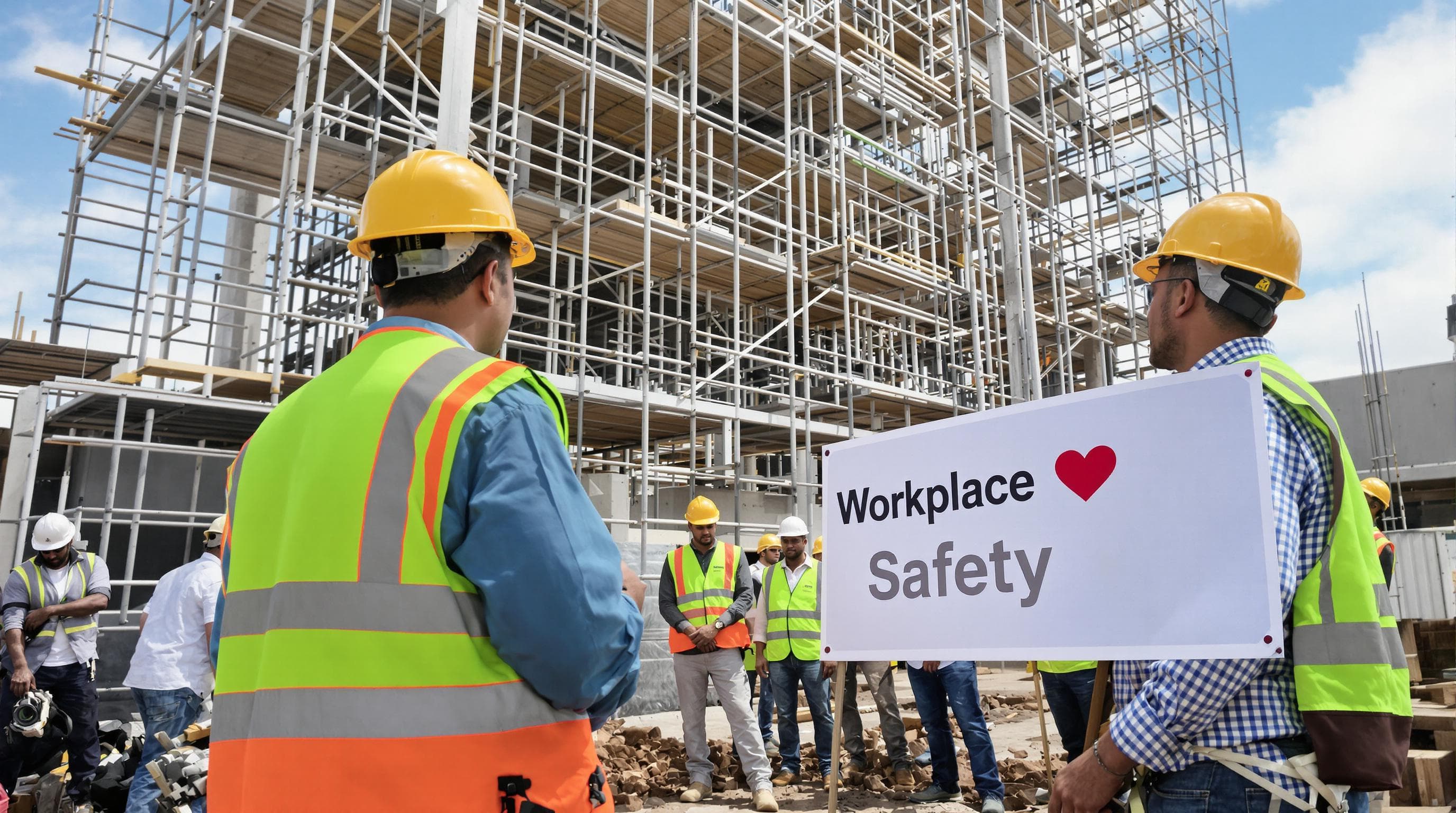 Construction team in PPE receiving safety briefing by scaffolding under 'Workplace Safety' sign