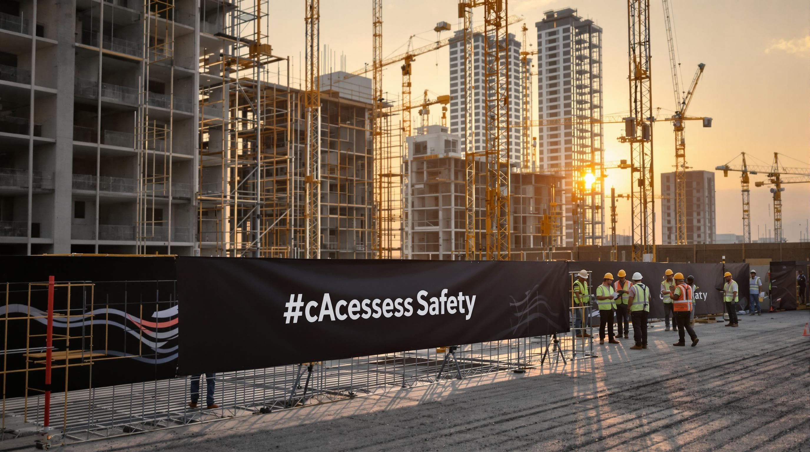 Construction site at sunrise with workers assembling temporary access platforms, site banner reads Access Safety