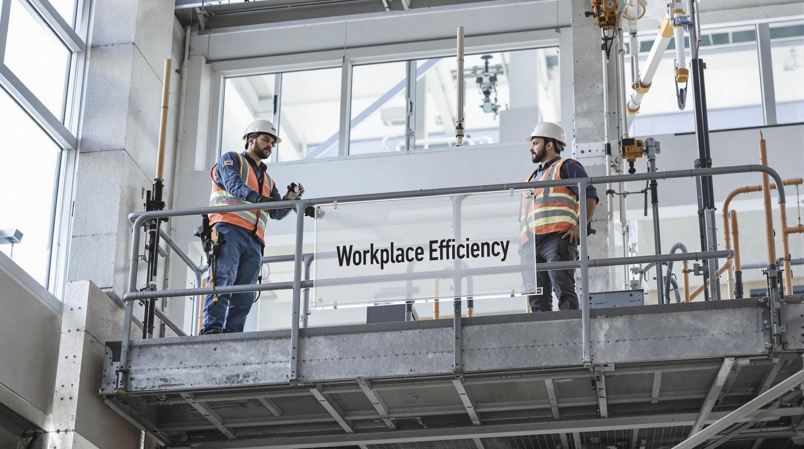 Construction workers on modular platform with visible Workplace Efficiency sign