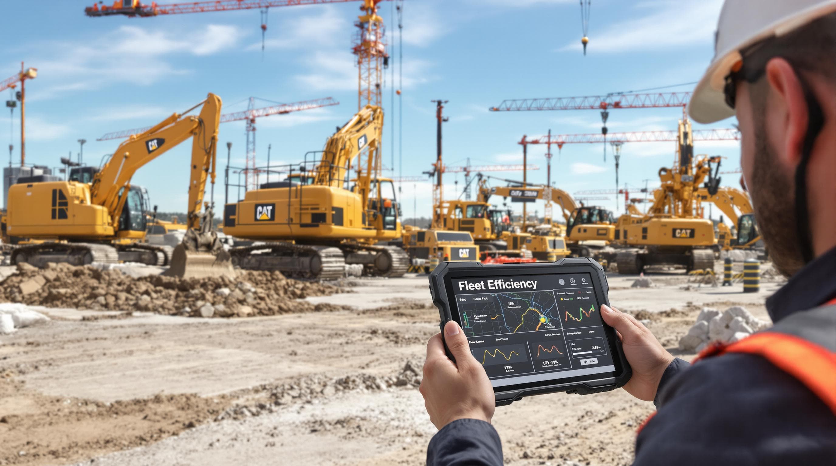 Managers review fleet tracking analytics on construction site tablet