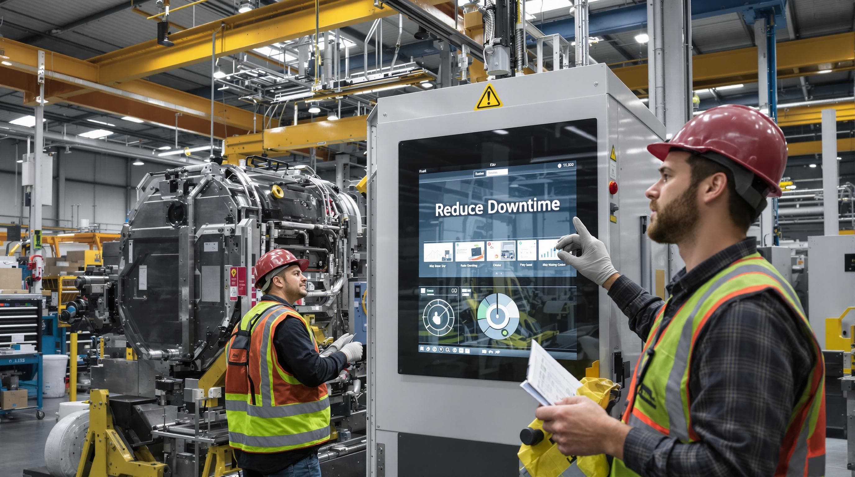 Technicians maintain industrial machine with 'Reduce Downtime' display