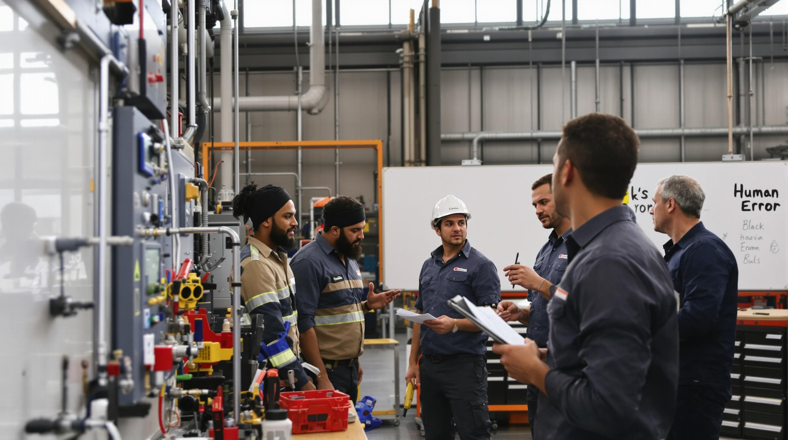 Team training on machine repair with 'Human Error' on whiteboard