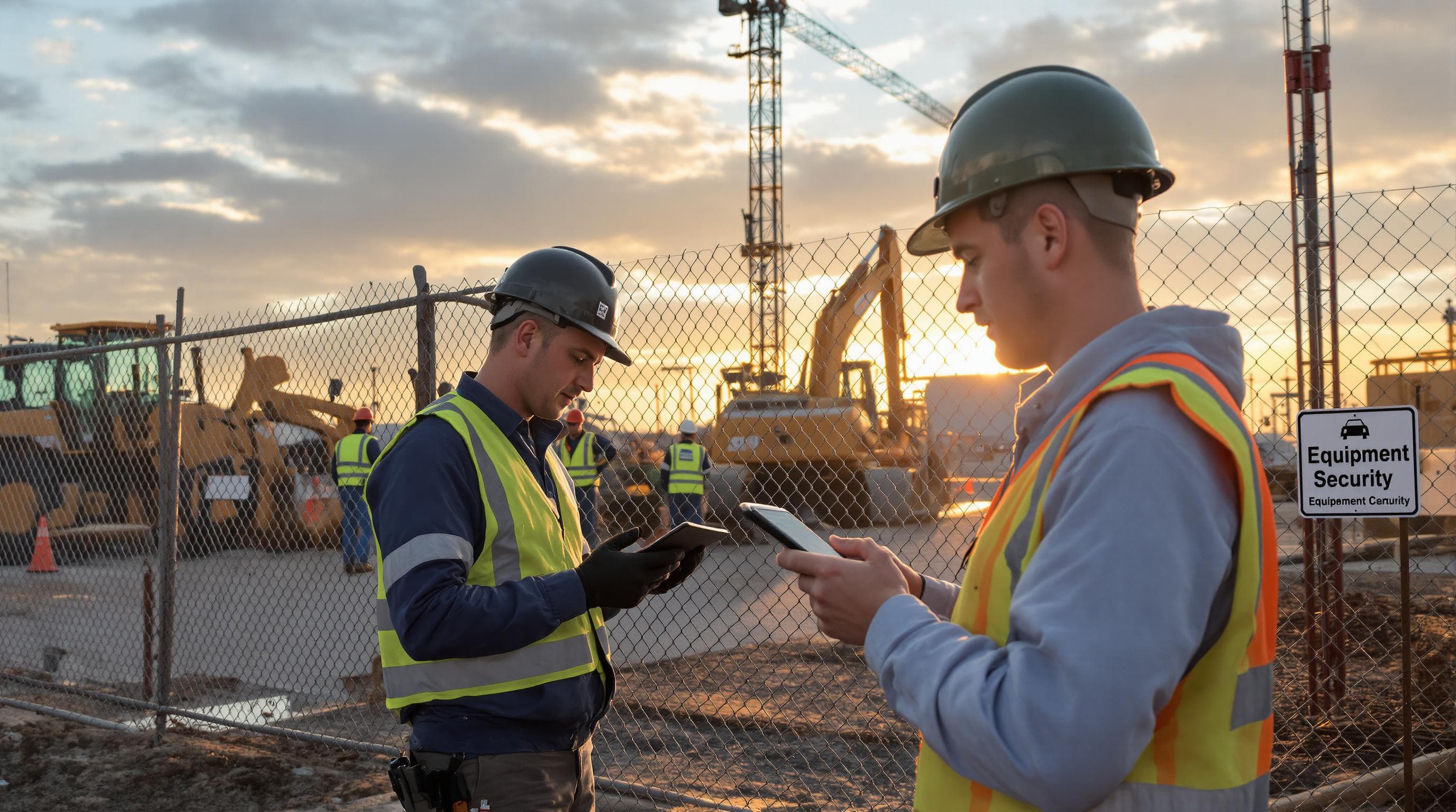 Construction site with workers, security fencing, and equipment at sunrise