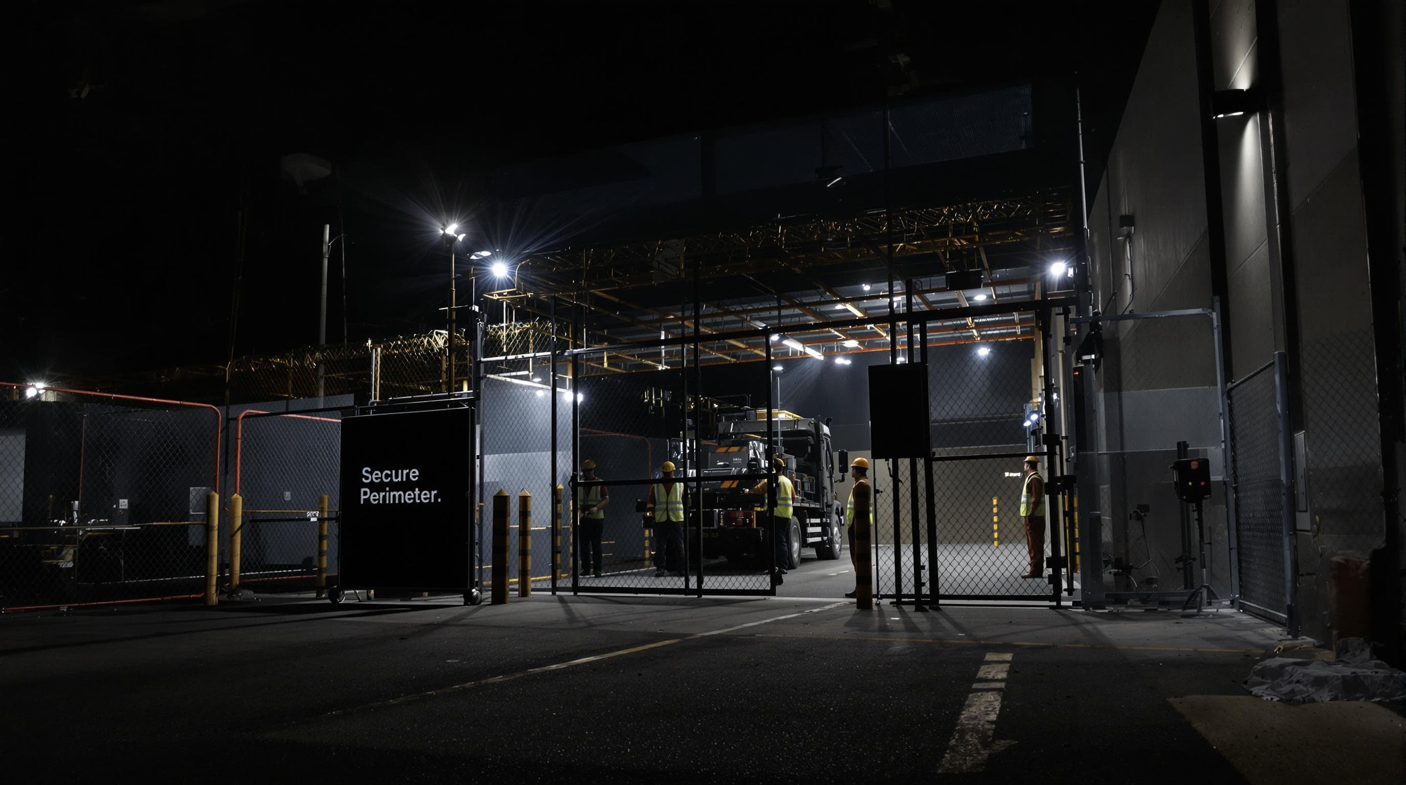 Construction site with secure perimeter fencing and access control at night