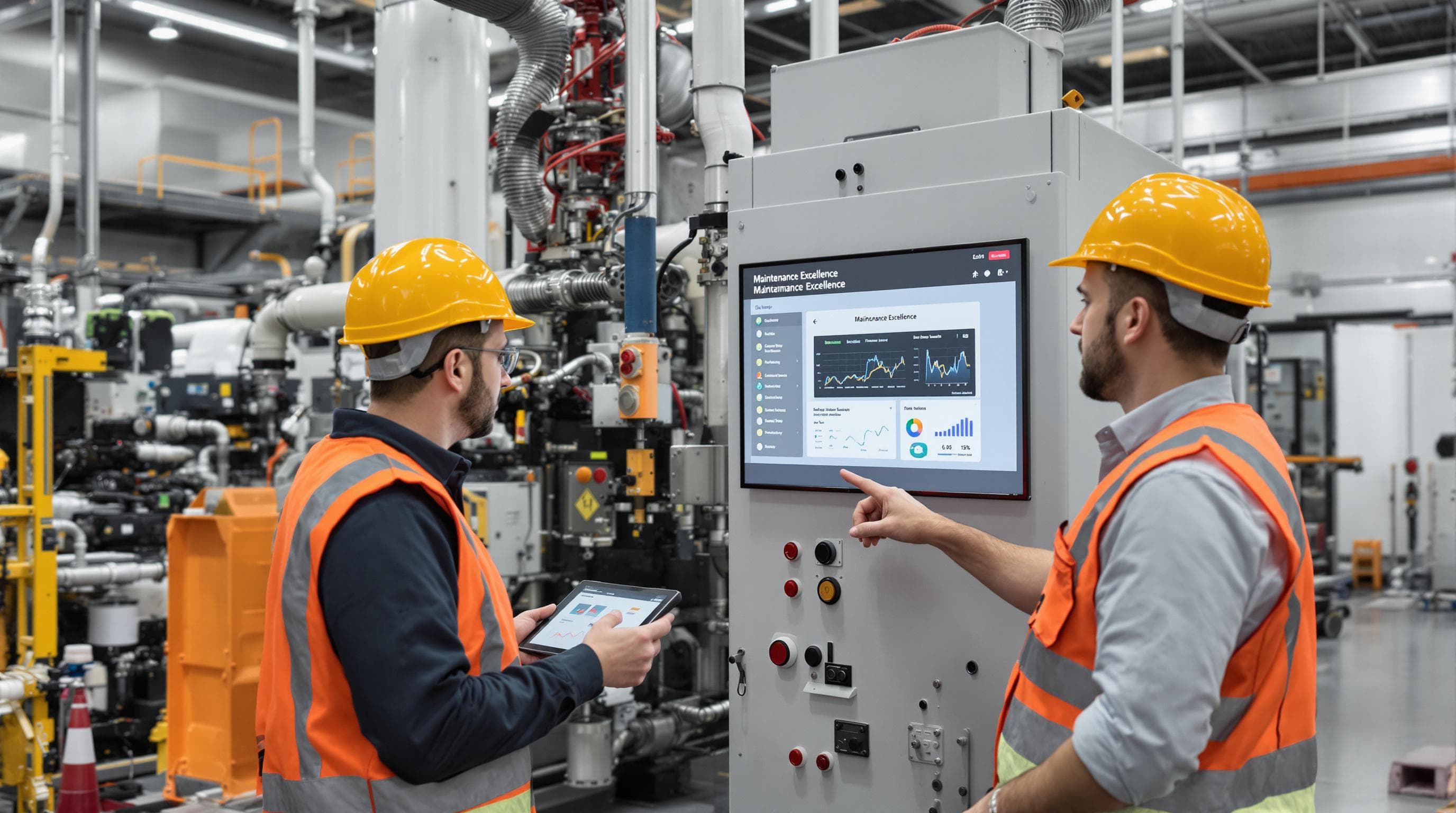 Technicians collaboratively inspecting machinery using digital dashboard in industrial workshop