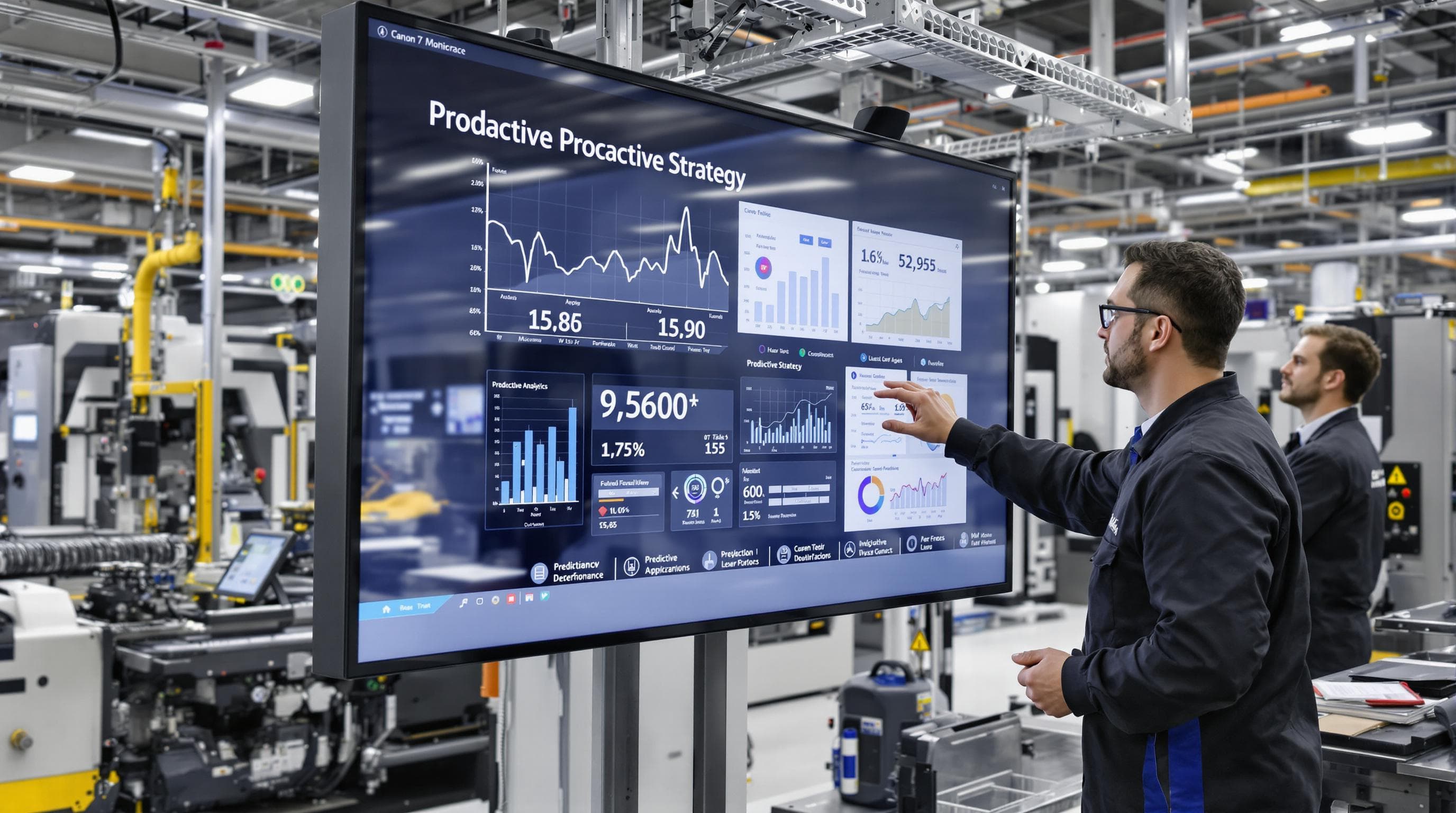 Technician using predictive maintenance dashboard while team reviews diagnostics data
