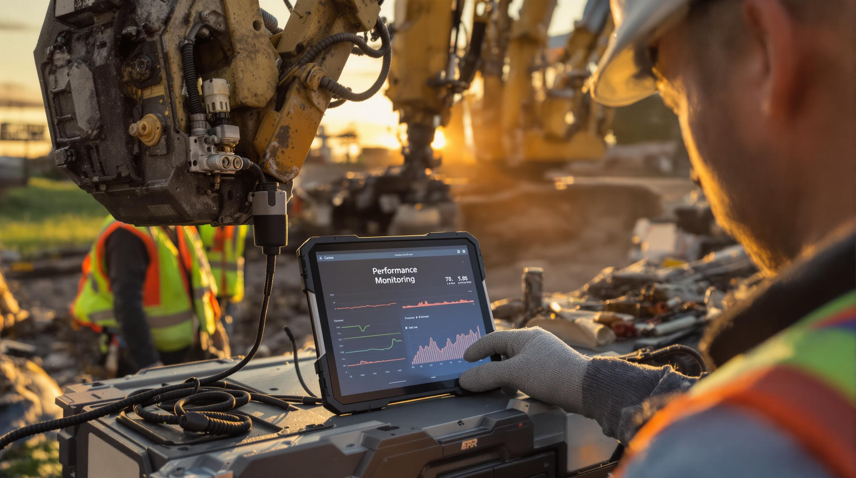 Engineers install wireless sensors on construction machinery, monitoring performance