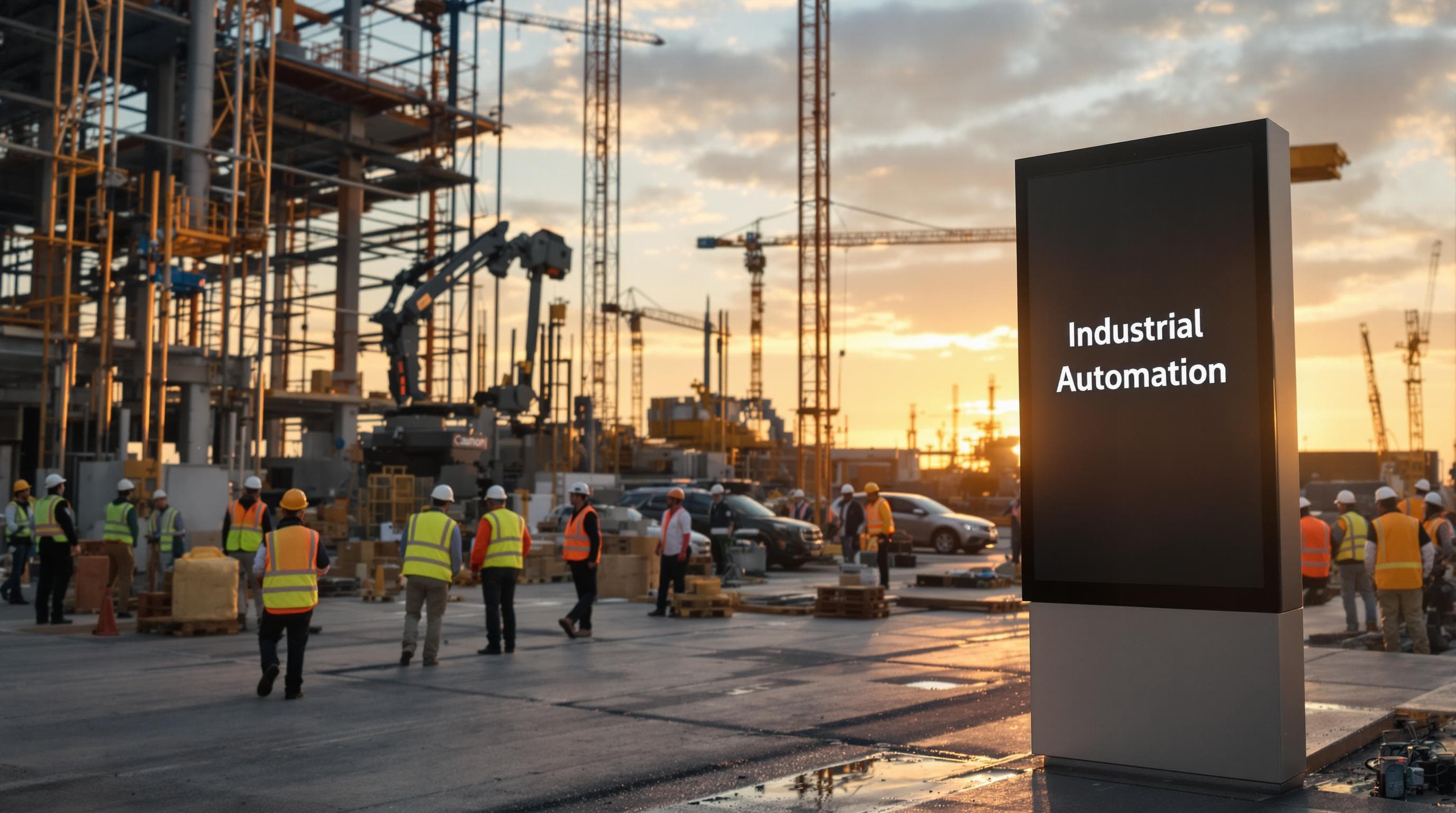 Construction workers using robotics and digital tools on modern site