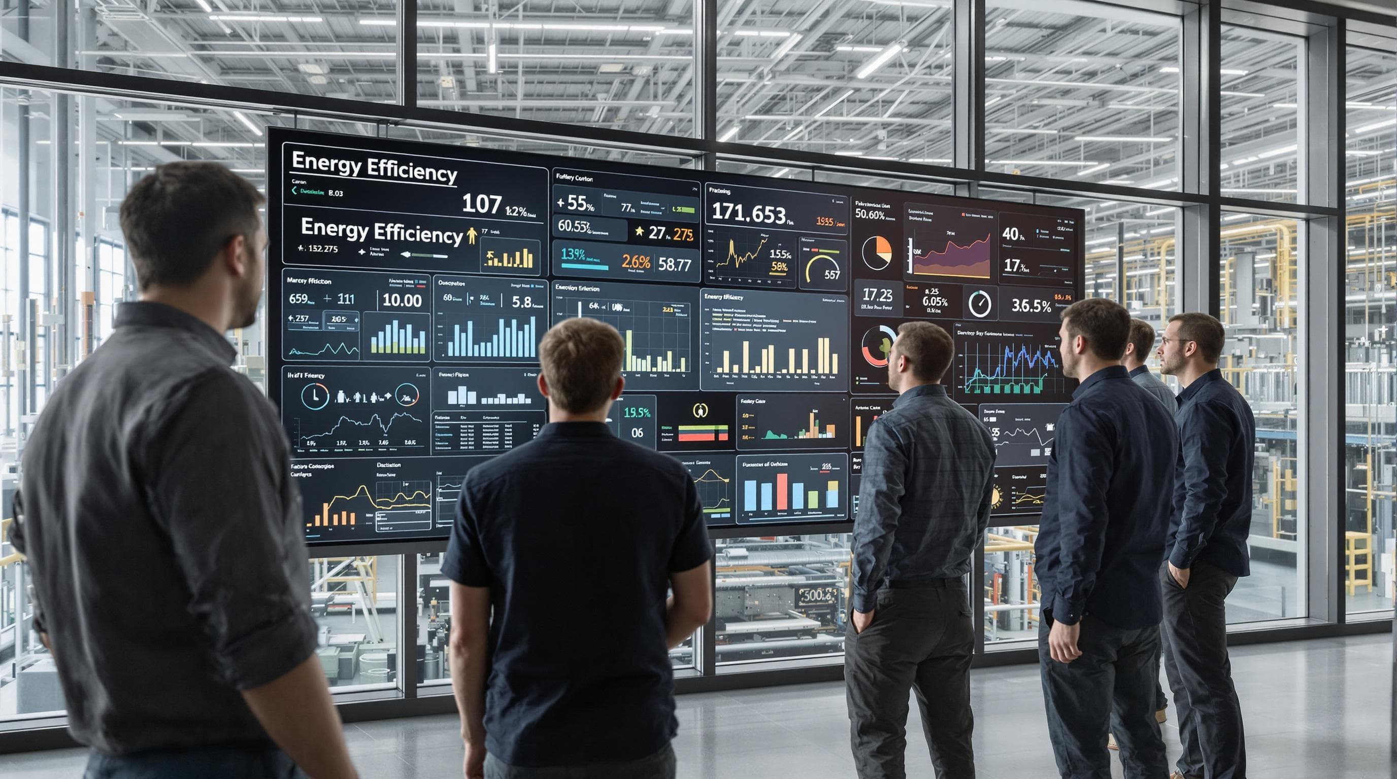 Technicians monitor energy-efficient smart factory with real-time data