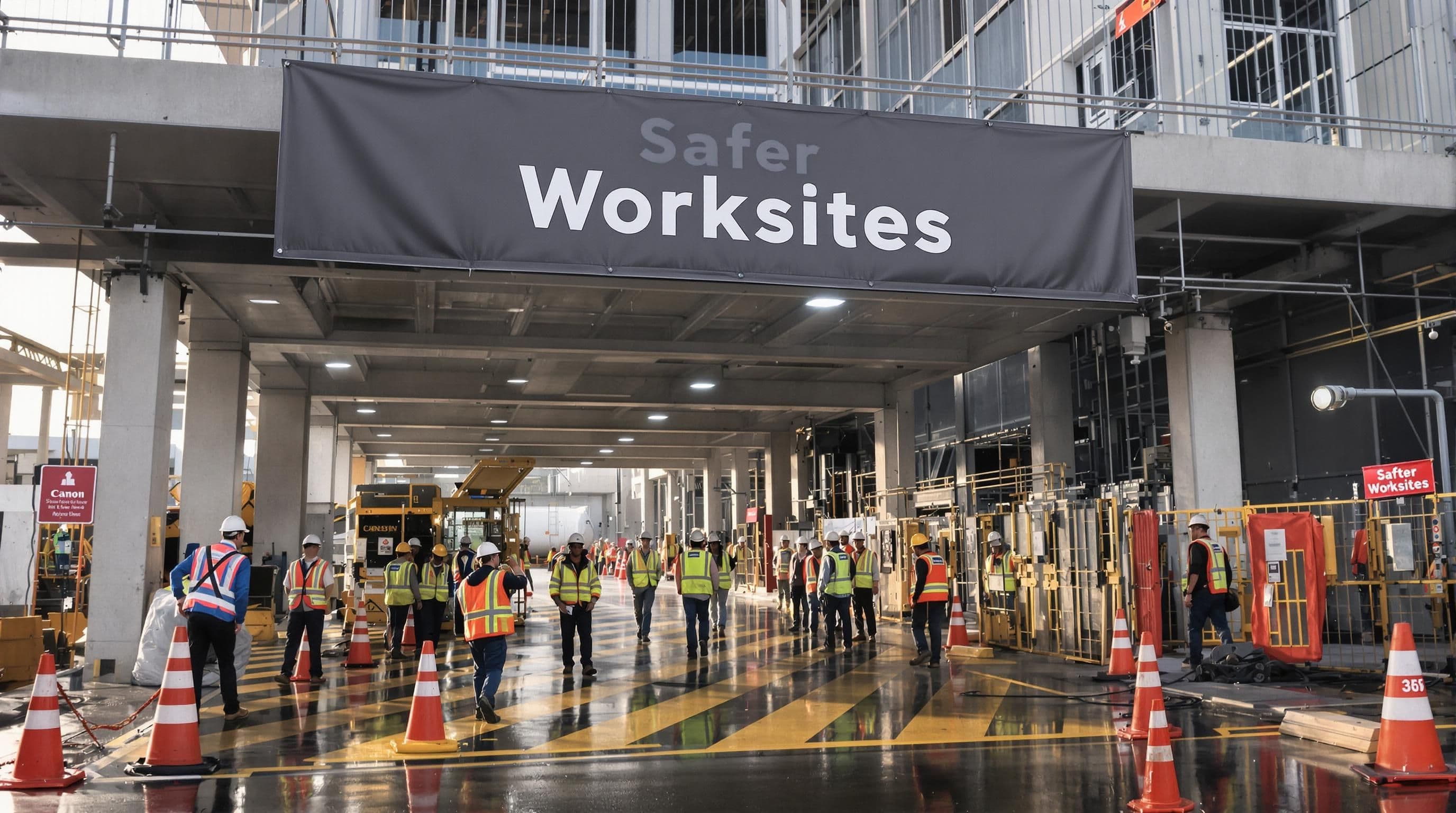 Construction site workers and safety banner about safer worksites