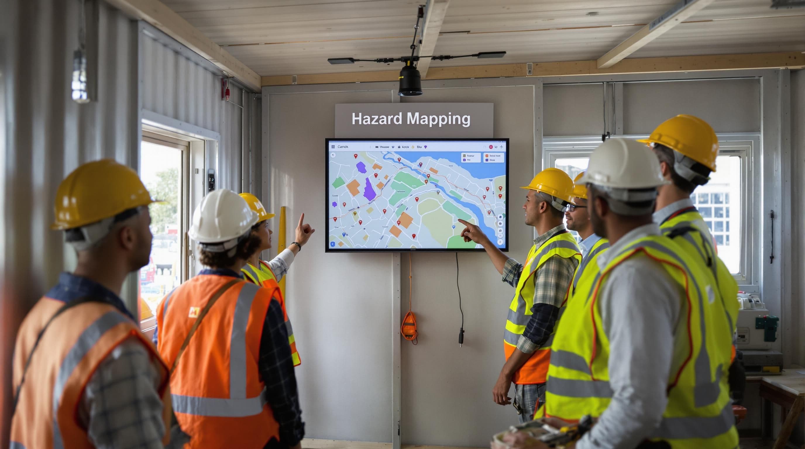 Team reviews site hazard map in construction safety meeting
