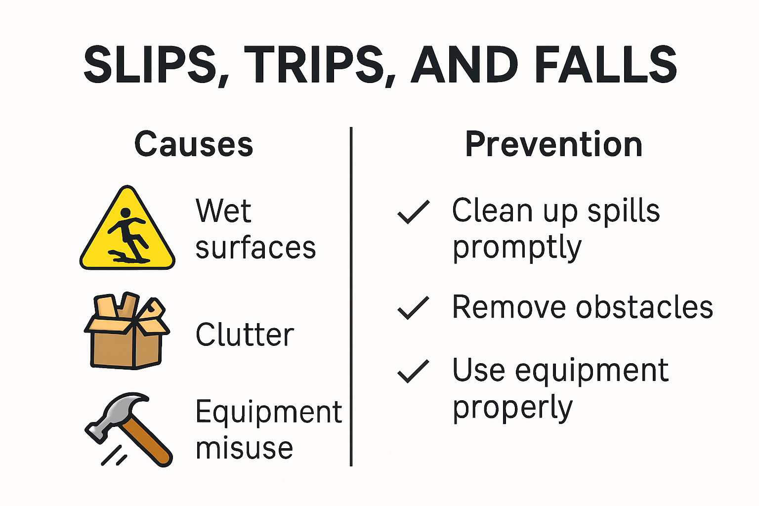 Common causes and prevention of slips, trips, and falls infographic