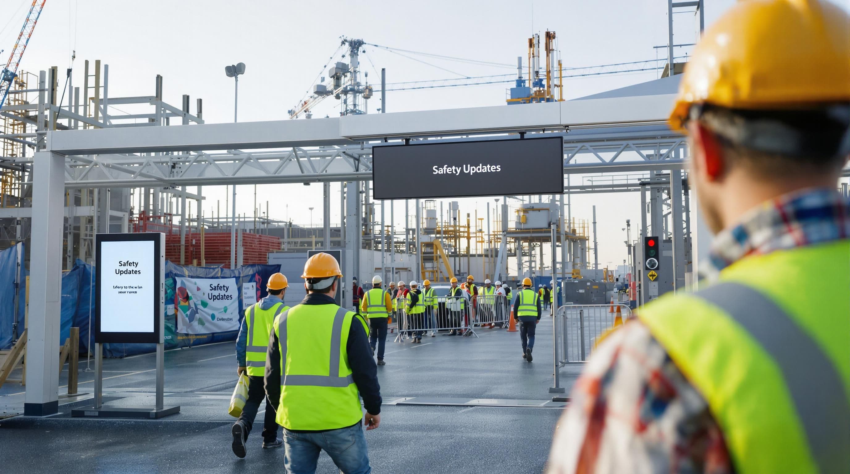 Workers at UK construction site reading digital safety signage in 2025