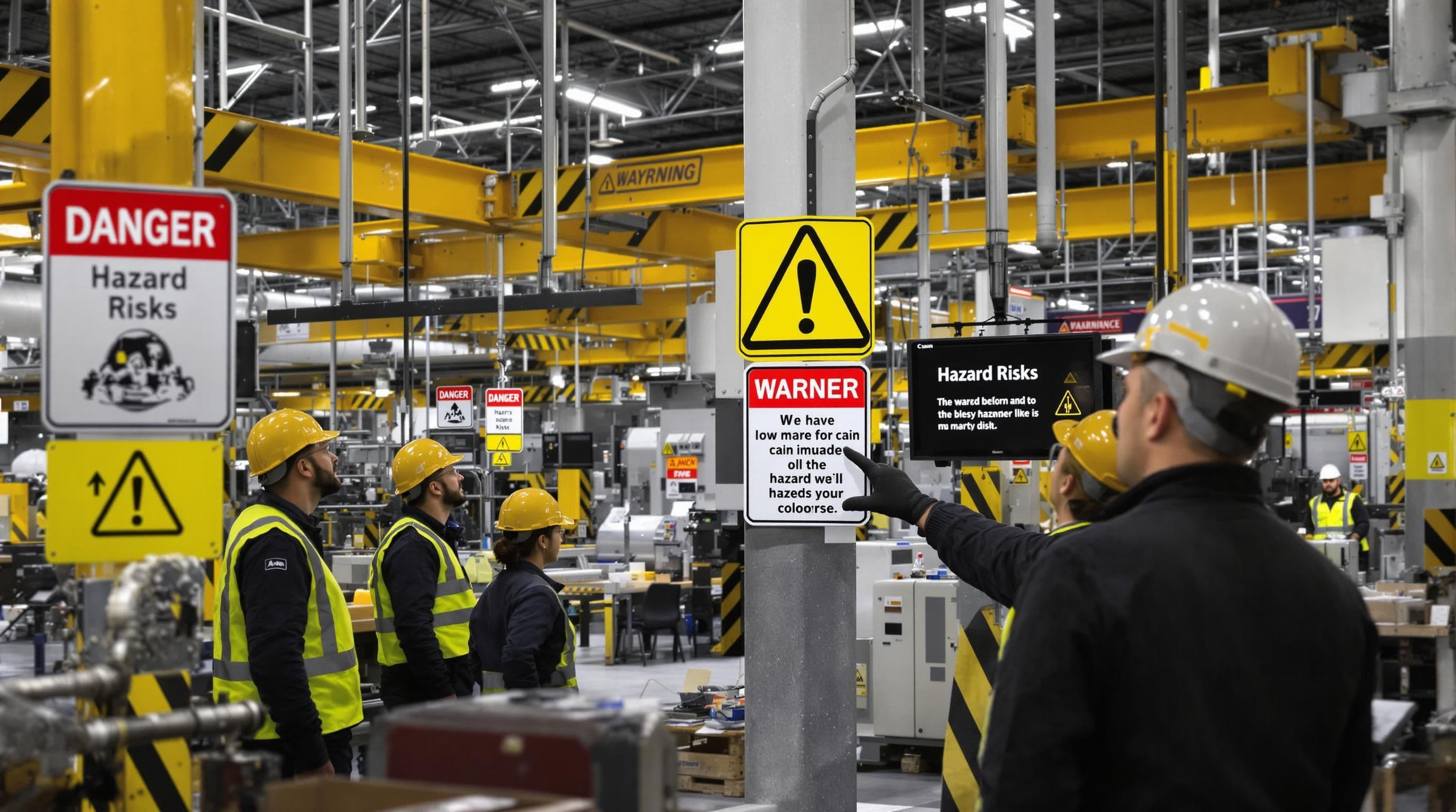Industrial workers with PPE focusing on area safety and hazard signs