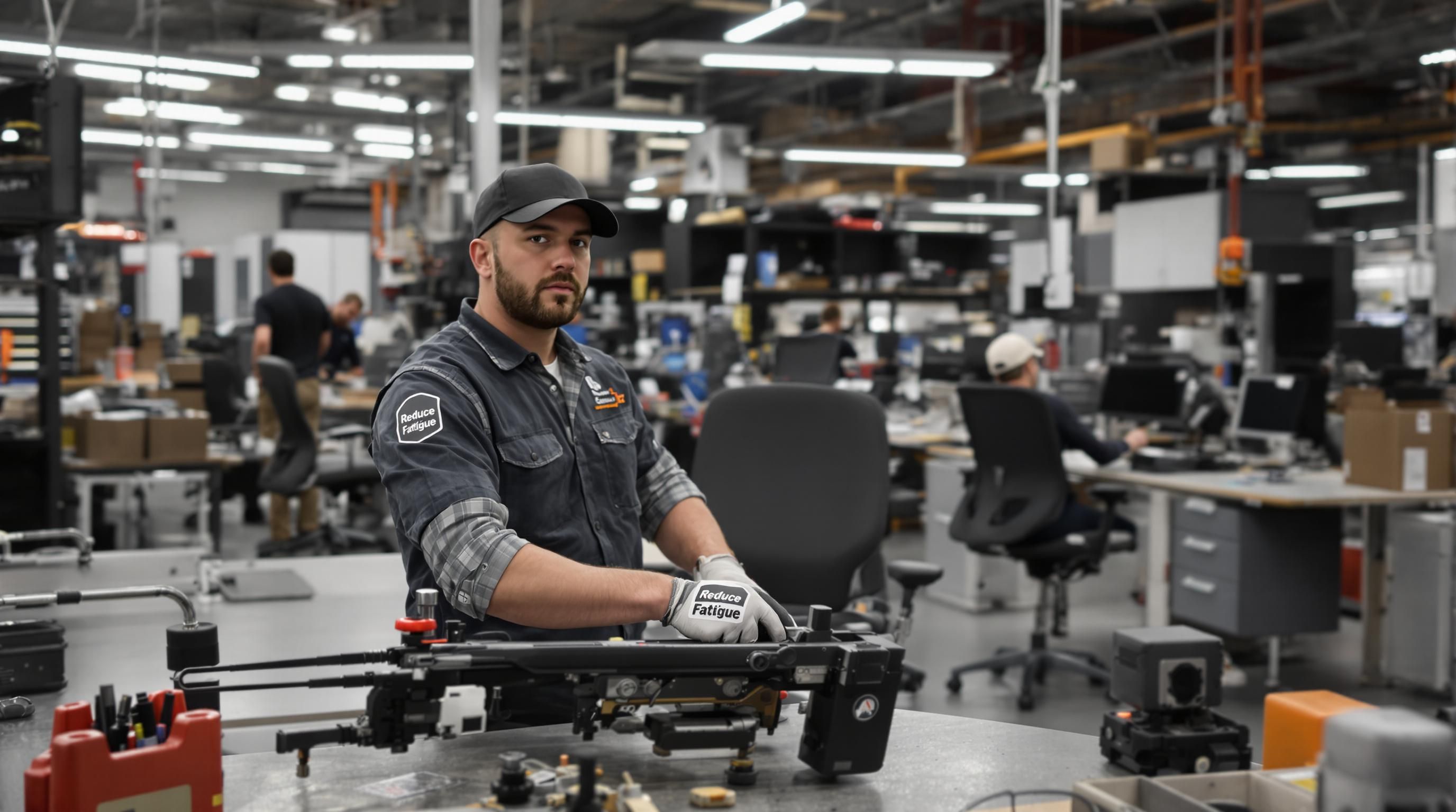 Workers adjust ergonomic furniture and use labeled fatigue-reducing tools in a busy industrial workshop