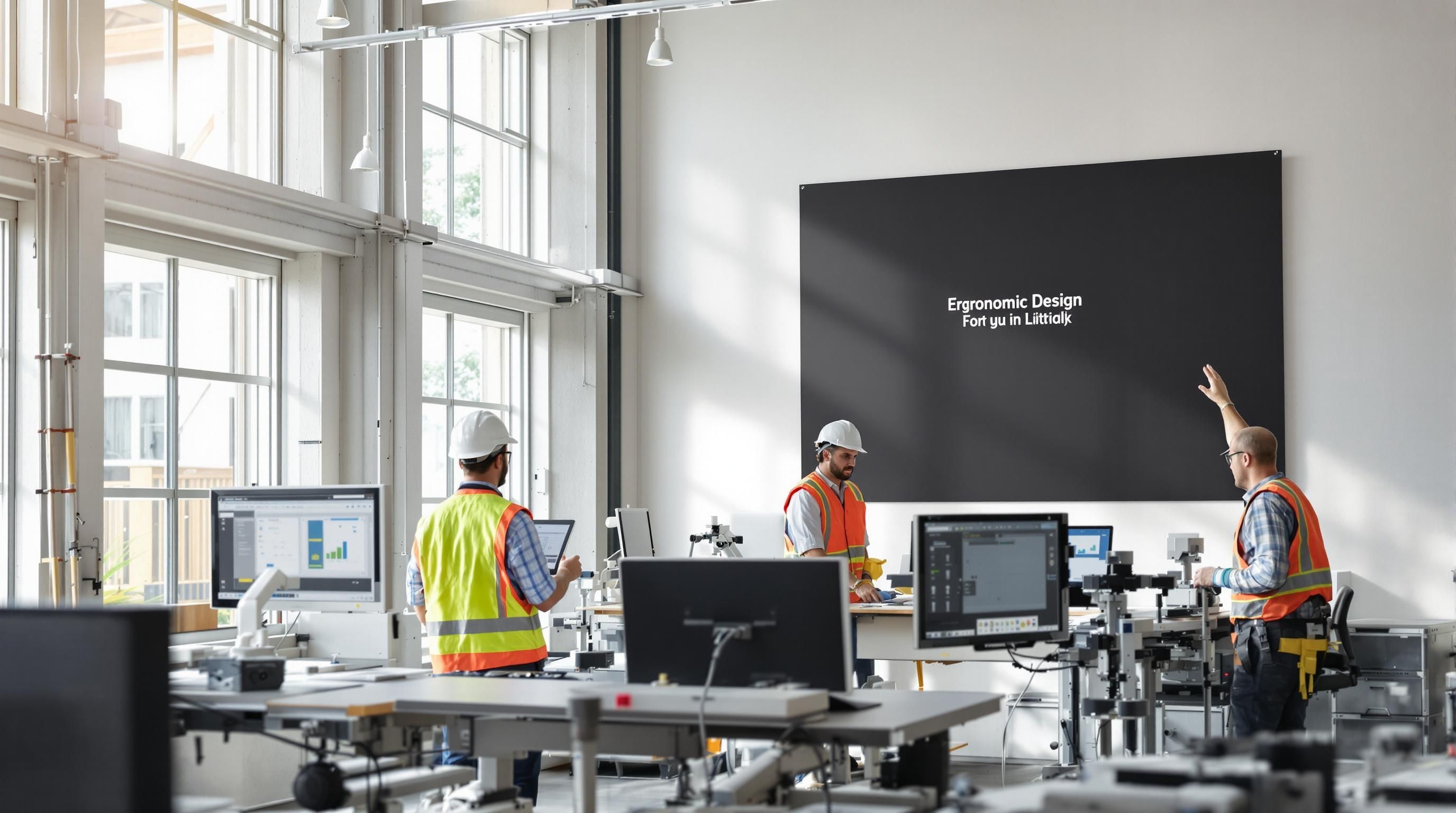 Construction workers test adjustable workstations in a modern ergonomic factory with 'Ergonomic Design' poster