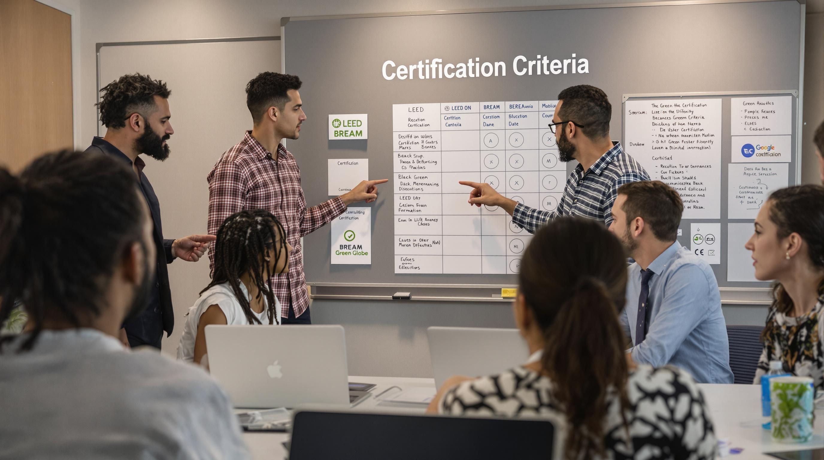 Team evaluating green building certification criteria in modern office